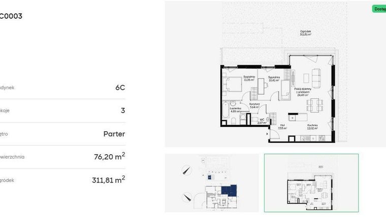 Rzut - Mieszkanie na sprzedaż 3 pokoje o powierzchni 76,2 m² - numer 6C0003 w Jaśminowy Mokotów etap VI