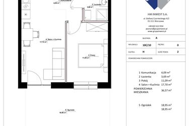 Rzut - Mieszkanie na sprzedaż 2 pokoje o powierzchni 36,57 m² - numer 10C/10 w Jasielska 8C etap II