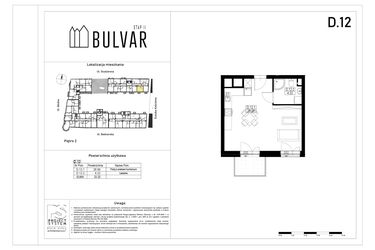 Rzut - Mieszkanie na sprzedaż 1 pokój o powierzchni 33,2 m² - numer D12 w Bulvar etap II