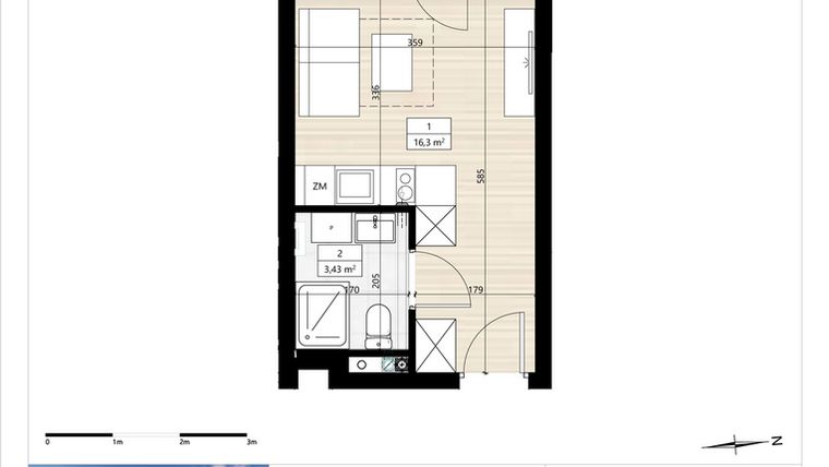 Rzut - Mieszkanie na sprzedaż 1 pokój o powierzchni 19,74 m² - numer B3/1/15 w Montano bud. B3 - apartamenty inwestycyjne
