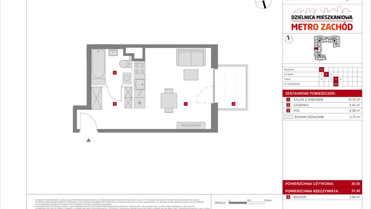 Rzut - Mieszkanie na sprzedaż 1 pokój o powierzchni 30,55 m² - numer D.64 w Dzielnica Mieszkaniowa Metro Zachód - etap 8.2