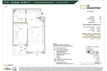 Rzut - Mieszkanie na sprzedaż 2 pokoje o powierzchni 43,76 m² - numer A1.A.23 w Hi Mokotów