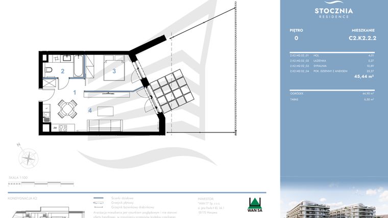 Rzut - Mieszkanie na sprzedaż 2 pokoje o powierzchni 45,44 m² - numer C2.K2.2.2 w Stocznia Residence