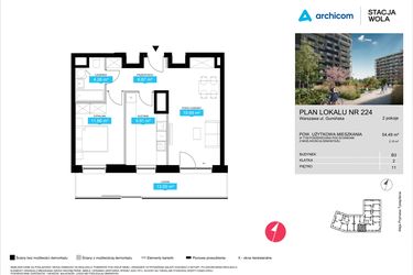 Rzut - Mieszkanie na sprzedaż 2 pokoje o powierzchni 54,49 m² - numer B3.224 w Stacja Wola - Etap III