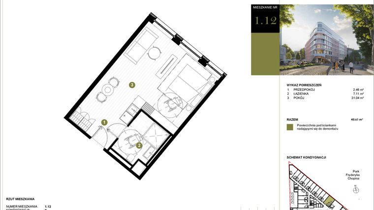 Rzut - Mieszkanie na sprzedaż 1 pokój o powierzchni 40,61 m² - numer 112 w Y3 Signature Hotel