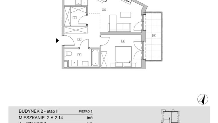 Rzut - Mieszkanie na sprzedaż 2 pokoje o powierzchni 53,67 m² - numer 2.A.2.14 w ATAL Apollina II