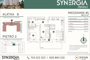 Rzut - Mieszkanie na sprzedaż 3 pokoje o powierzchni 48,13 m² - numer M41 w SYNERGIA
