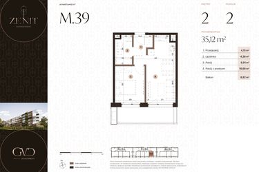 Rzut - Mieszkanie na sprzedaż 2 pokoje o powierzchni 35,12 m² - numer M39 w Zenit Głowackiego