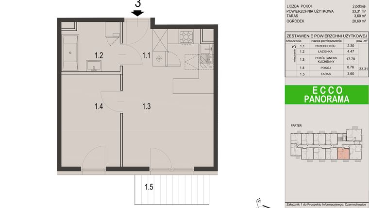 Rzut - Mieszkanie na sprzedaż 2 pokoje o powierzchni 33,31 m² - numer 3C w Ecco Panorama etap II budynki C, D