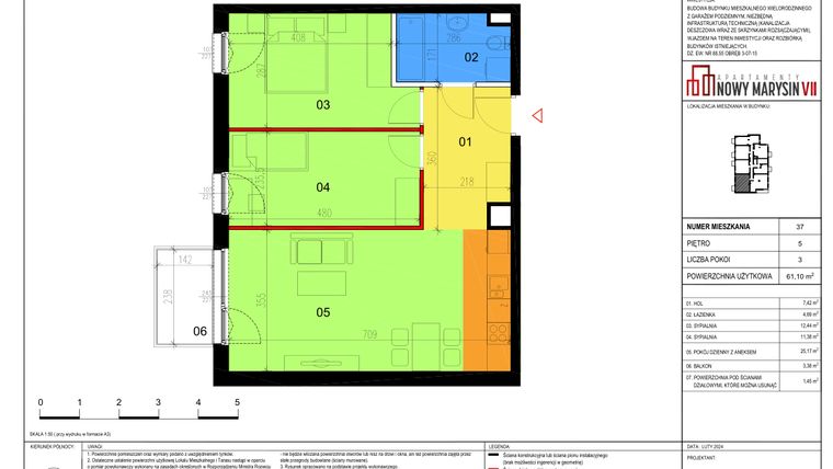 Rzut - Mieszkanie na sprzedaż 3 pokoje o powierzchni 61,1 m² - numer 37 w Apartamenty Nowy Marysin VII