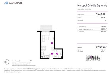 Rzut - Mieszkanie na sprzedaż 1 pokój o powierzchni 27,59 m² - numer 3.A.0.14 w Murapol Osiedle Dynamiq