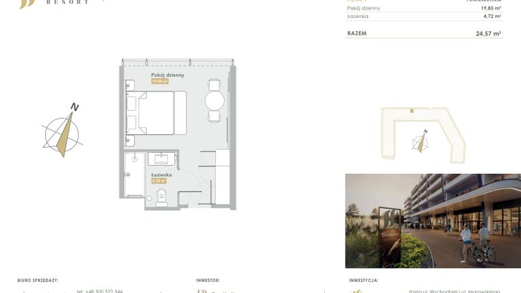 Rzut - Mieszkanie na sprzedaż 1 pokój o powierzchni 24,57 m² - numer H.1.23 w Harmony Resort