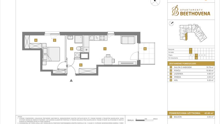 Rzut - Mieszkanie na sprzedaż 2 pokoje o powierzchni 43,6 m² - numer C14 w Apartamenty Beethovena etap 2