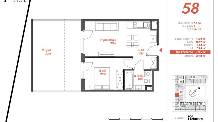 Rzut - Mieszkanie na sprzedaż 2 pokoje o powierzchni 37,96 m² - numer AC1.3 w PUR