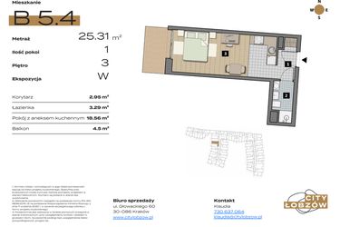 Rzut - Mieszkanie na sprzedaż 1 pokój o powierzchni 25,47 m² - numer B 5.4 w City Łobzów