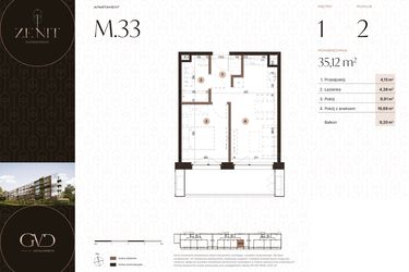 Rzut - Mieszkanie na sprzedaż 2 pokoje o powierzchni 35,12 m² - numer M33 w Zenit Głowackiego