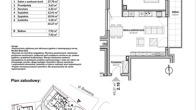 Rzut - Mieszkanie na sprzedaż 3 pokoje o powierzchni 65,27 m² - numer M2.10 w Bulwary Apartamenty