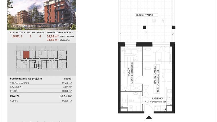 Rzut - Mieszkanie na sprzedaż 2 pokoje o powierzchni 33,55 m² - numer 4 w M|City