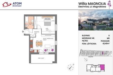 Rzut - Mieszkanie na sprzedaż 2 pokoje o powierzchni 42,49 m² - numer Bud.9-9 w Willa Magnolia