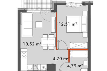 Rzut - Mieszkanie na sprzedaż 2 pokoje o powierzchni 40,52 m² - numer F1.A.03.02 w Splot Wola