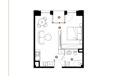 Rzut - Mieszkanie na sprzedaż 1 pokój o powierzchni 36,38 m² - numer E.01.02 w Apartamenty Reytana bud. E