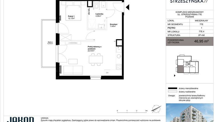 Rzut - Mieszkanie na sprzedaż 2 pokoje o powierzchni 46,95 m² - numer 77E.4 w Strzeszyńska 77