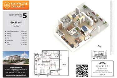 Rzut - Mieszkanie na sprzedaż 3 pokoje o powierzchni 60,91 m² - numer 5 w Słoneczne Tarasy II etap 2