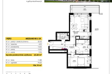 Rzut - Mieszkanie na sprzedaż 3 pokoje o powierzchni 63,6 m² - numer B 1.04 w Park Moniuszki II C