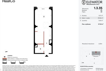 Rzut - Mieszkanie na sprzedaż 1 pokój o powierzchni 37,02 m² - numer EZ.1.3.35 w Elewator - Mieszkania i Lofty