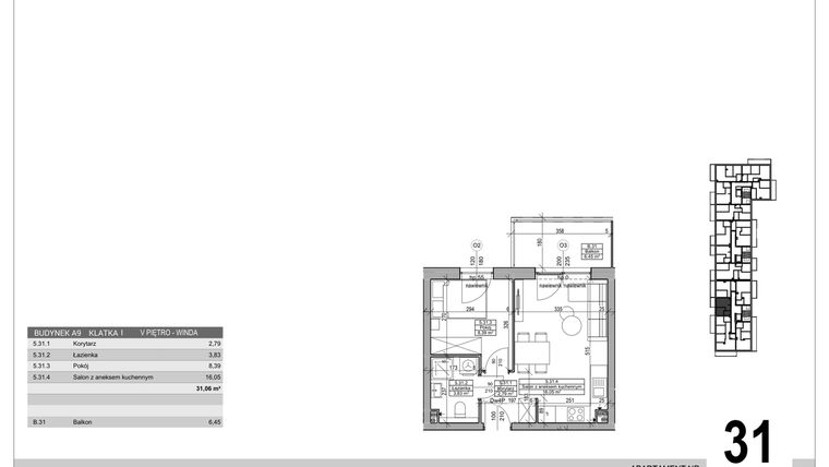Rzut - Mieszkanie na sprzedaż 2 pokoje o powierzchni 31,06 m² - numer A.9.M.31 w Sobola Biel A9