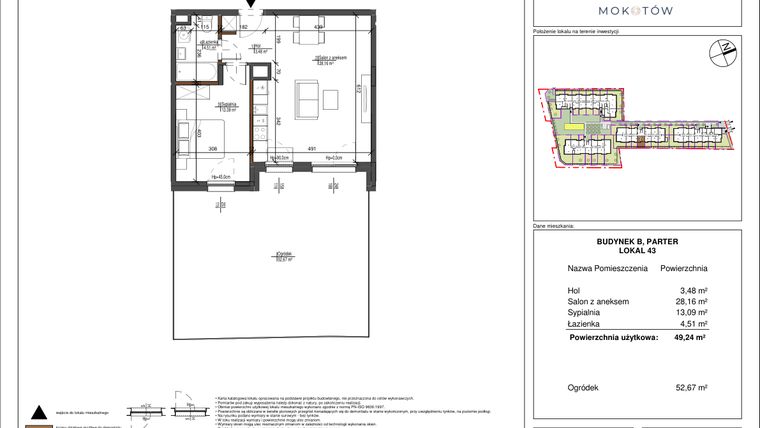 Rzut - Mieszkanie na sprzedaż 2 pokoje o powierzchni 49,24 m² - numer 43 w Aura Mokotów II