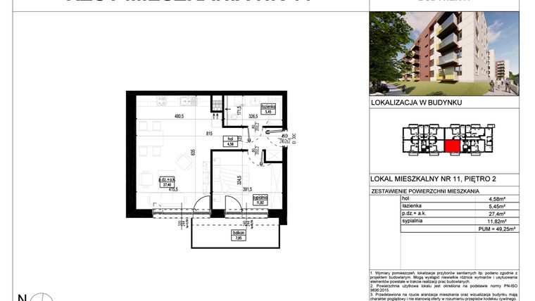 Rzut - Mieszkanie na sprzedaż 2 pokoje o powierzchni 49,25 m² - numer A.11 w Wólczańska 248 - etap II