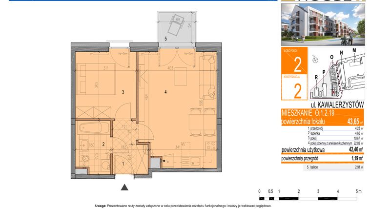 Rzut - Mieszkanie na sprzedaż 2 pokoje o powierzchni 43,54 m² - numer O.1.2.19 w Partynice House
