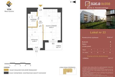 Rzut - Mieszkanie na sprzedaż 2 pokoje o powierzchni 39,65 m² - numer 22 w Stacja Błonie etap II
