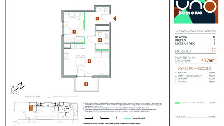 Rzut - Mieszkanie na sprzedaż 2 pokoje o powierzchni 40,26 m² - numer 35 w UNO Bemowo