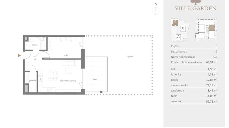 Rzut - Mieszkanie na sprzedaż 2 pokoje o powierzchni 49,91 m² - numer C.05 w Ville Garden