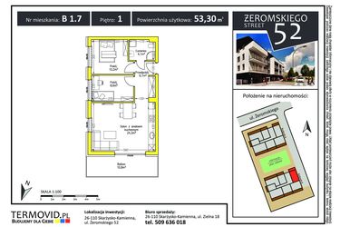 Rzut - Mieszkanie na sprzedaż 3 pokoje o powierzchni 53,3 m² - numer B 1.7 w Żeromskiego Street 52