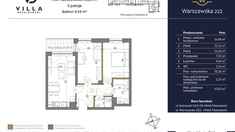 Rzut - Mieszkanie na sprzedaż 3 pokoje o powierzchni 55,26 m² - numer 18A w Warszawska 222