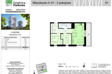 Rzut - Mieszkanie na sprzedaż 3 pokoje o powierzchni 48,59 m² - numer 51/B8 w Dzielnica Parkowa VIII