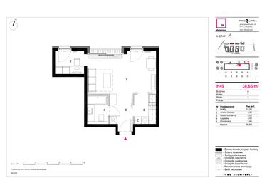 Rzut - Mieszkanie na sprzedaż 1 pokój o powierzchni 38,65 m² - numer H49 w 19. Dzielnica Etap V