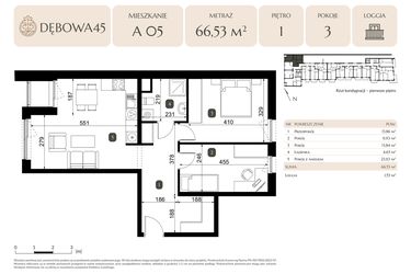 Rzut - Mieszkanie na sprzedaż 3 pokoje o powierzchni 66,53 m² - numer A.05 w Dębowa 45