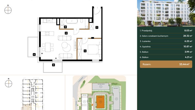 Rzut - Mieszkanie na sprzedaż 1 pokój o powierzchni 53,44 m² - numer B2.1.02 w Wierzbowa 20