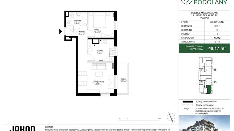 Rzut - Mieszkanie na sprzedaż 2 pokoje o powierzchni 48,99 m² - numer C.A12 w Sielskie Podolany II