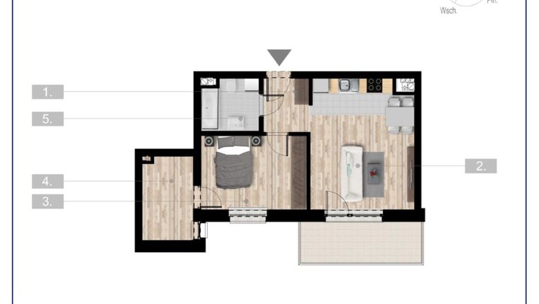 Rzut - Mieszkanie na sprzedaż 2 pokoje o powierzchni 47,06 m² - numer 45 w Szczytno Dąbrowskiego - etap 3