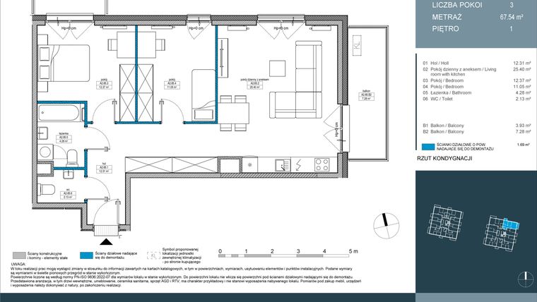 Rzut - Mieszkanie na sprzedaż 3 pokoje o powierzchni 67,5 m² - numer 65 w Nordic Górka Narodowa