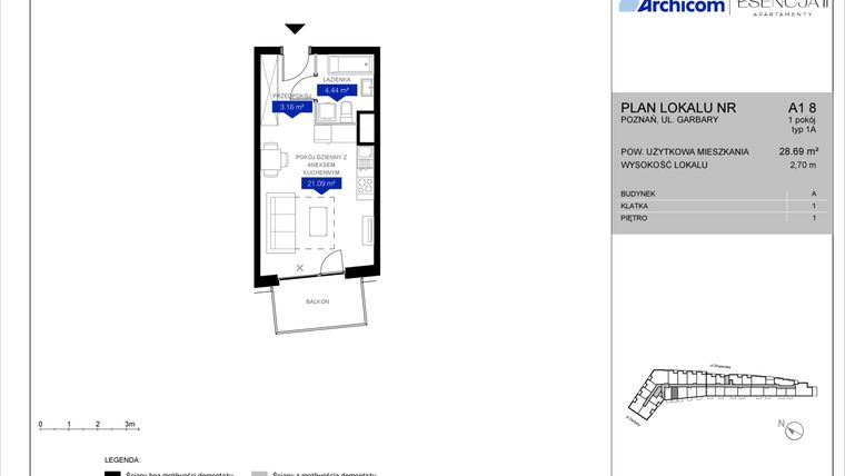 Rzut - Mieszkanie na sprzedaż 1 pokój o powierzchni 28,61 m² - numer A1.8 w Apartamenty Esencja II