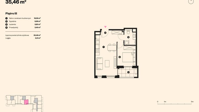 Rzut - Mieszkanie na sprzedaż 2 pokoje o powierzchni 35,46 m² - numer 48 w Sołtysowska