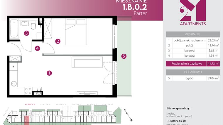 Rzut - Mieszkanie na sprzedaż 2 pokoje o powierzchni 41,73 m² - numer 1.B.0.2 w Maślice Wrocław Milo Dobry Deweloper etap IV
