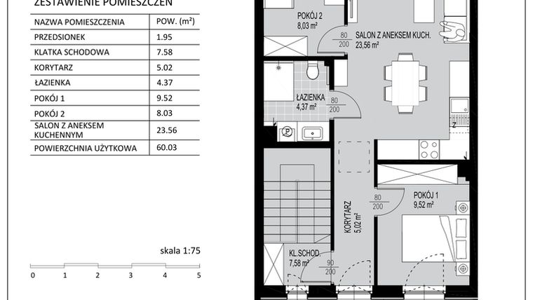 Rzut - Mieszkanie na sprzedaż 3 pokoje o powierzchni 60,03 m² - numer D12 w Kowalove etap 2