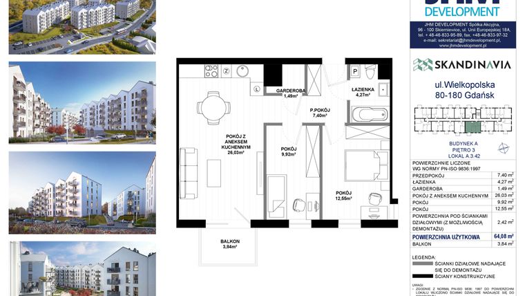 Rzut - Mieszkanie na sprzedaż 3 pokoje o powierzchni 64,08 m² - numer A.3.42 w Skandinavia